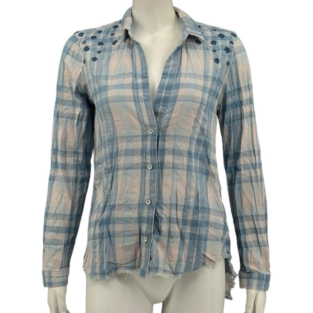 Cloth & Stone Anthropologie Top Womens Small Blue Pink Plaid‎ Embroidered Boho